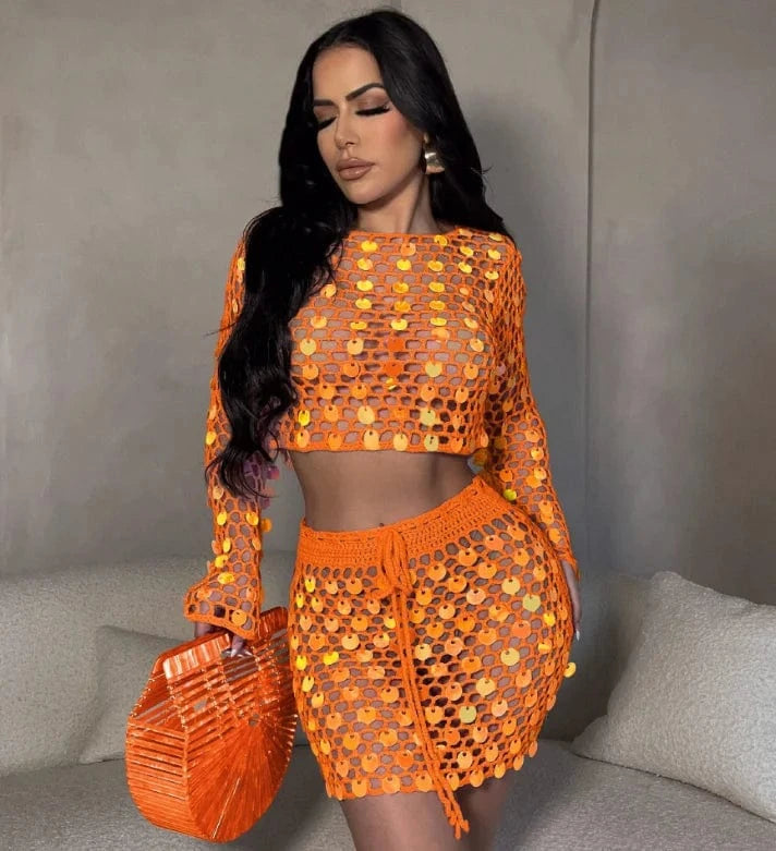Sexy Knitted Mini Skirt Outfits Summer 2024 Long Sleeve Crop Top Skirt Suits Women Chic Crochet Sequin Two Piece Beach Skirt Set
