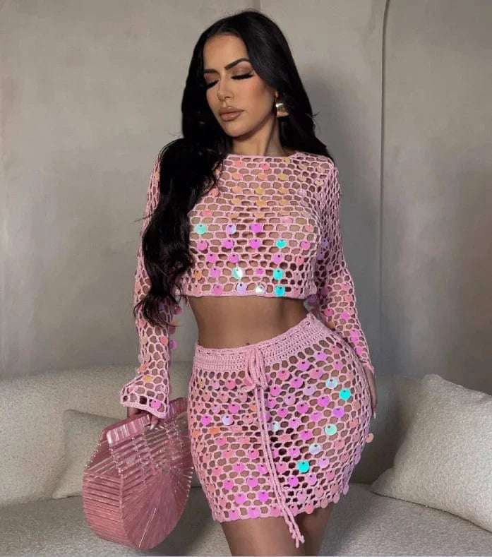Sexy Knitted Mini Skirt Outfits Summer 2024 Long Sleeve Crop Top Skirt Suits Women Chic Crochet Sequin Two Piece Beach Skirt Set