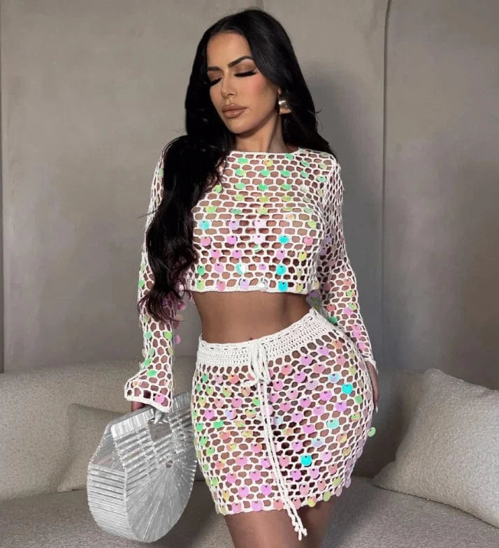 Sexy Knitted Mini Skirt Outfits Summer 2024 Long Sleeve Crop Top Skirt Suits Women Chic Crochet Sequin Two Piece Beach Skirt Set