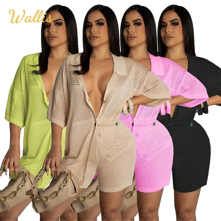 Sexy Knitted Outfits Polo Short Sleeve Single Breasted Tops Two Piece Biker Short Cardigan Sweater Sets Women 2 Piece Sets