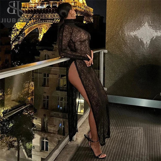 Sexy Lace Black Hook Flower Hollow Out Long Dress Night Club Clothing For Woman 2024 Mesh Maxi Dress