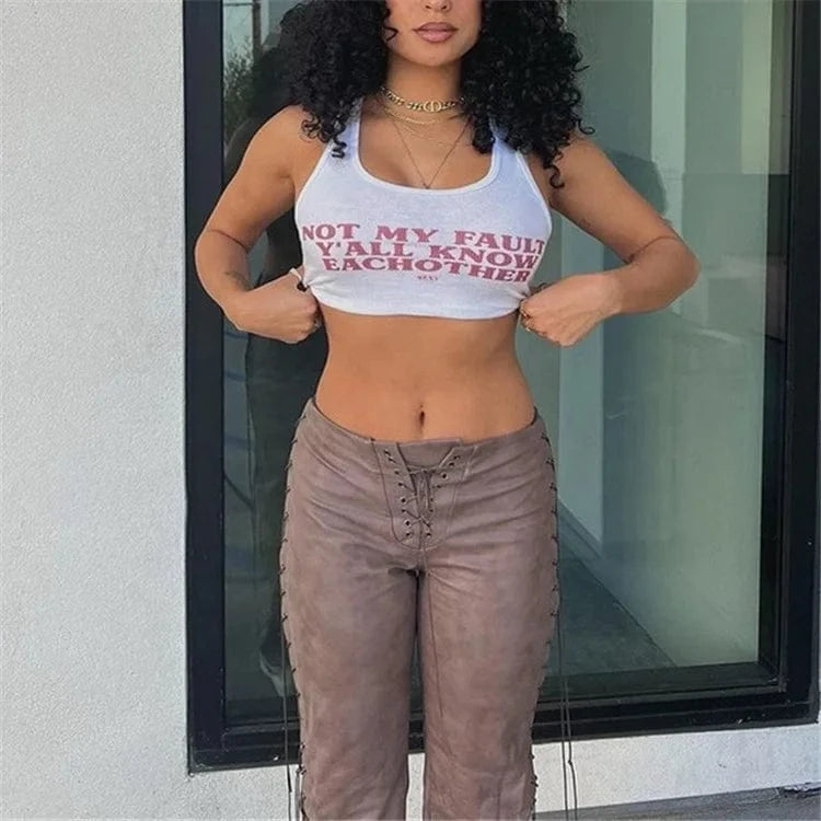 Sexy Letter Print Women Tank Tops Sleeveless Ribbed Short Crop Top 2024 Fashion Streetwear Casual E-girl Vest