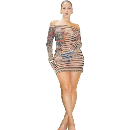 Sexy long sleeve off shoulder see through 2024 mesh print party bar dress