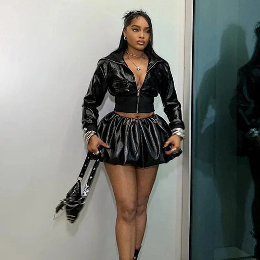 Sexy Long Sleeve Zip Crop Jacket & Mini Puffy Skirt