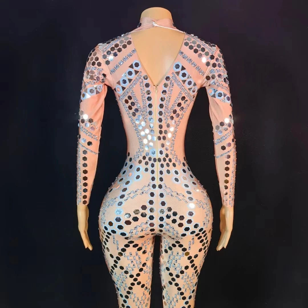 Sexy Long Sleeves Glitter Sequin Rompers Plus Size Show Leotard Dancer Wear Slim Fit Spandex Bodysuits Women Rhinestone Jumpsuit