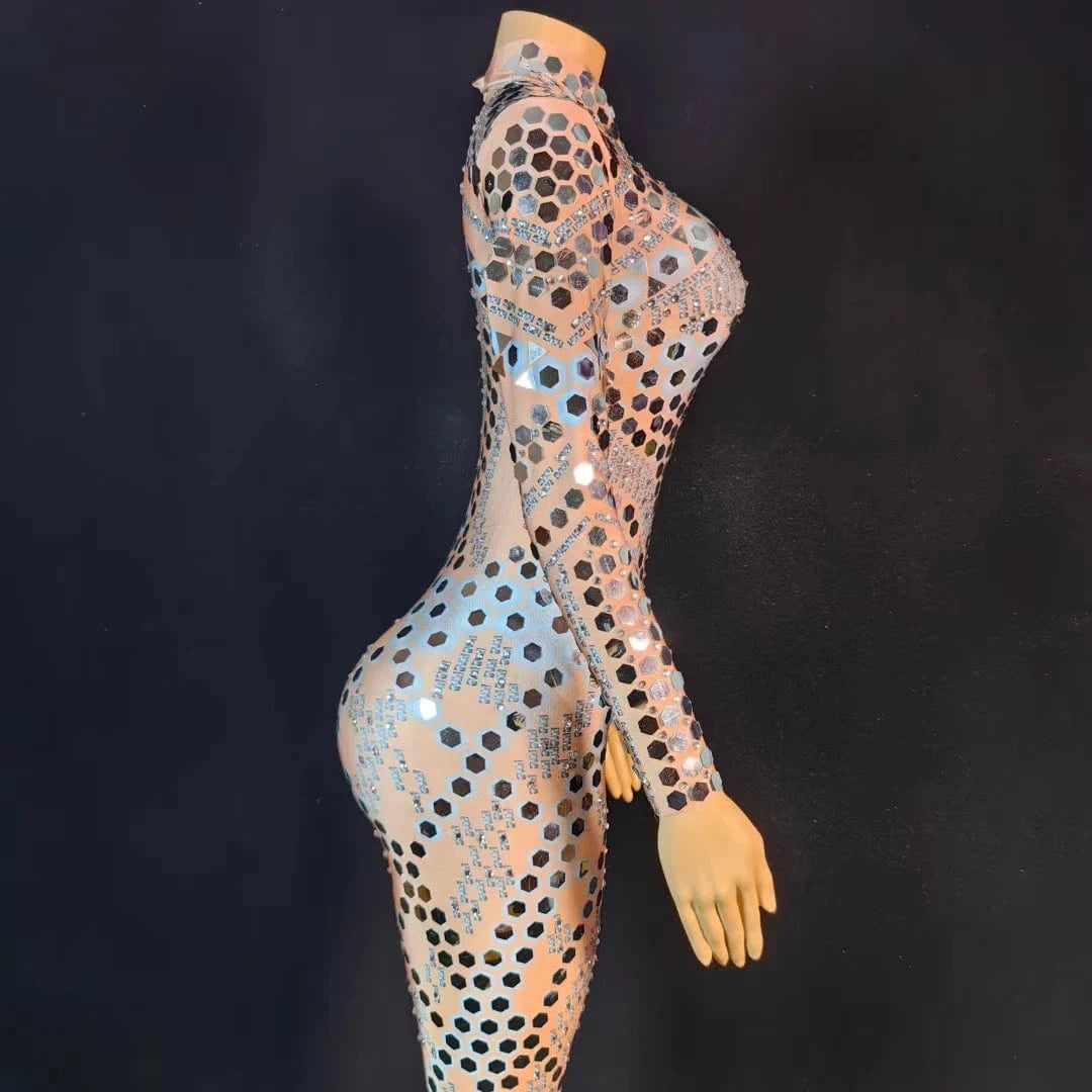 Sexy Long Sleeves Glitter Sequin Rompers Plus Size Show Leotard Dancer Wear Slim Fit Spandex Bodysuits Women Rhinestone Jumpsuit
