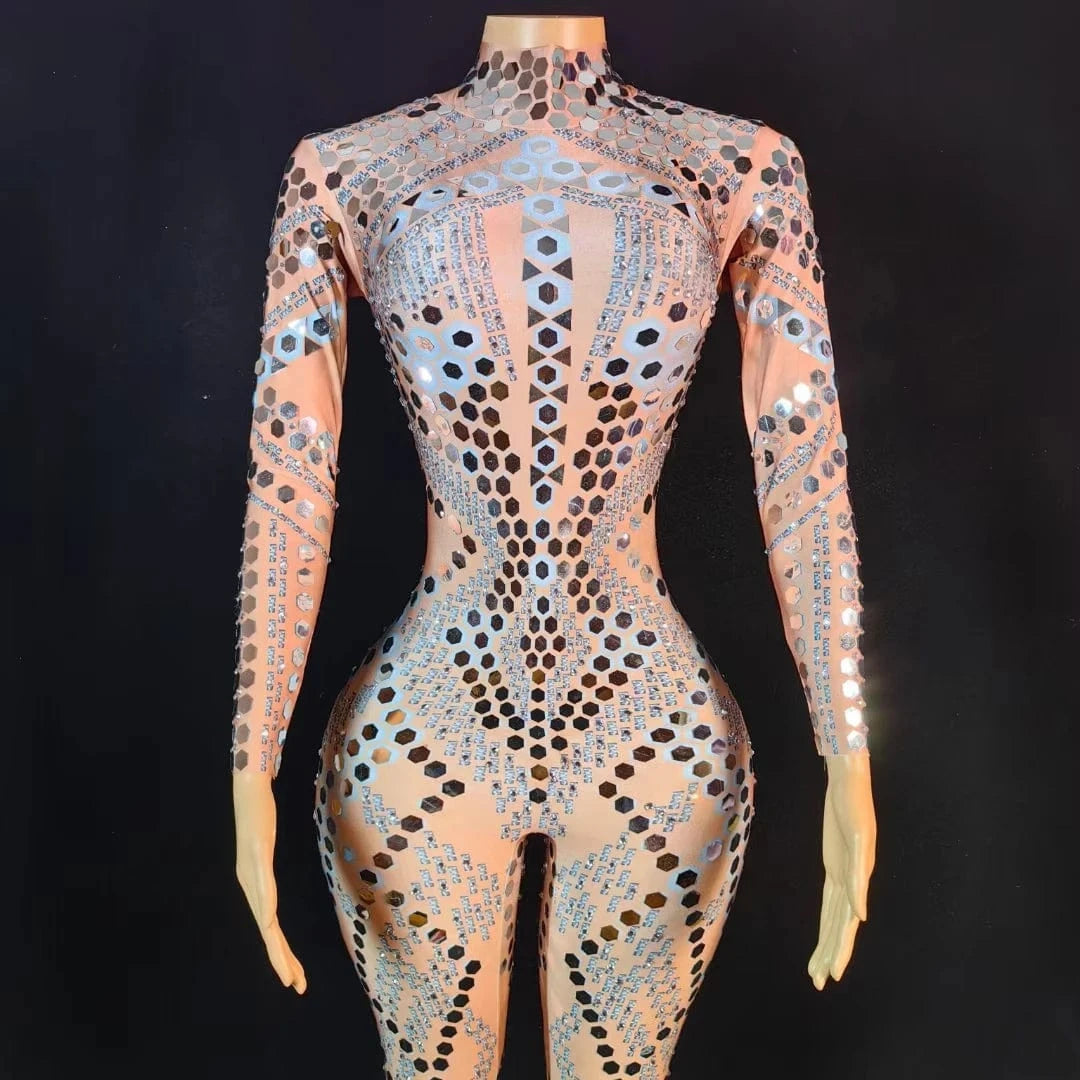 Sexy Long Sleeves Glitter Sequin Rompers Plus Size Show Leotard Dancer Wear Slim Fit Spandex Bodysuits Women Rhinestone Jumpsuit