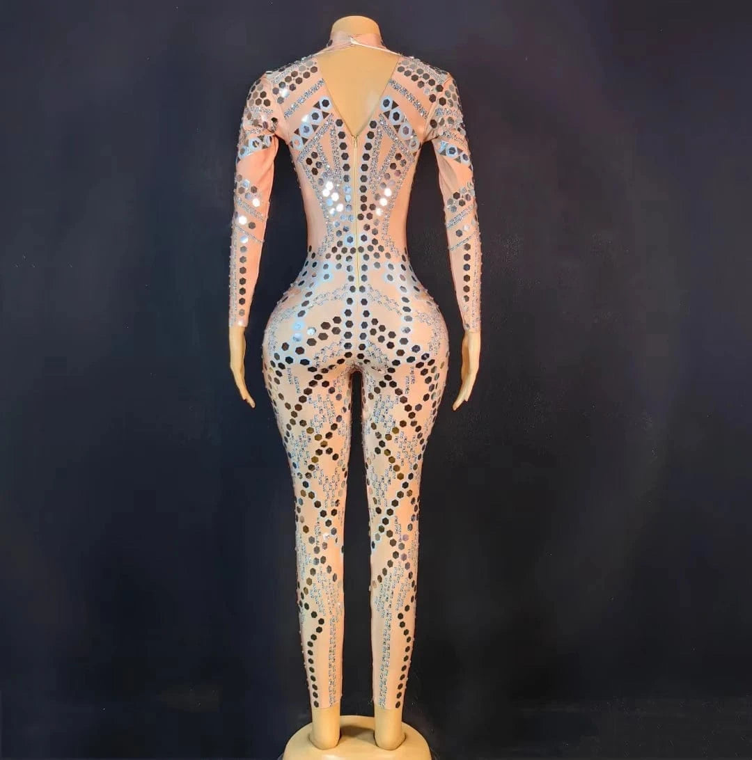 Sexy Long Sleeves Glitter Sequin Rompers Plus Size Show Leotard Dancer Wear Slim Fit Spandex Bodysuits Women Rhinestone Jumpsuit
