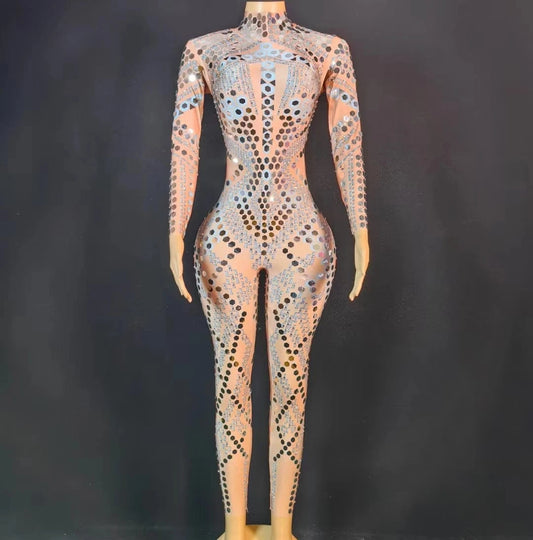 Sexy Long Sleeves Glitter Sequin Rompers Plus Size Show Leotard Dancer Wear Slim Fit Spandex Bodysuits Women Rhinestone Jumpsuit
