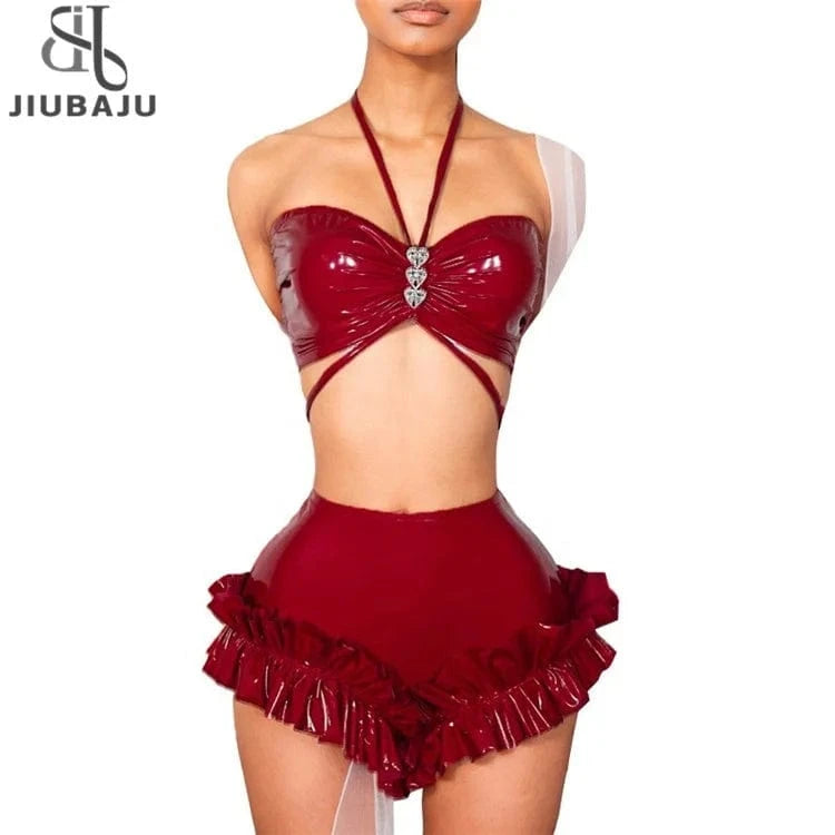 Sexy Love Diamond Bikini Halter Neck Wrap Chest Pu Leather High Waist Shorts Ruffle Set Summer Beach Set