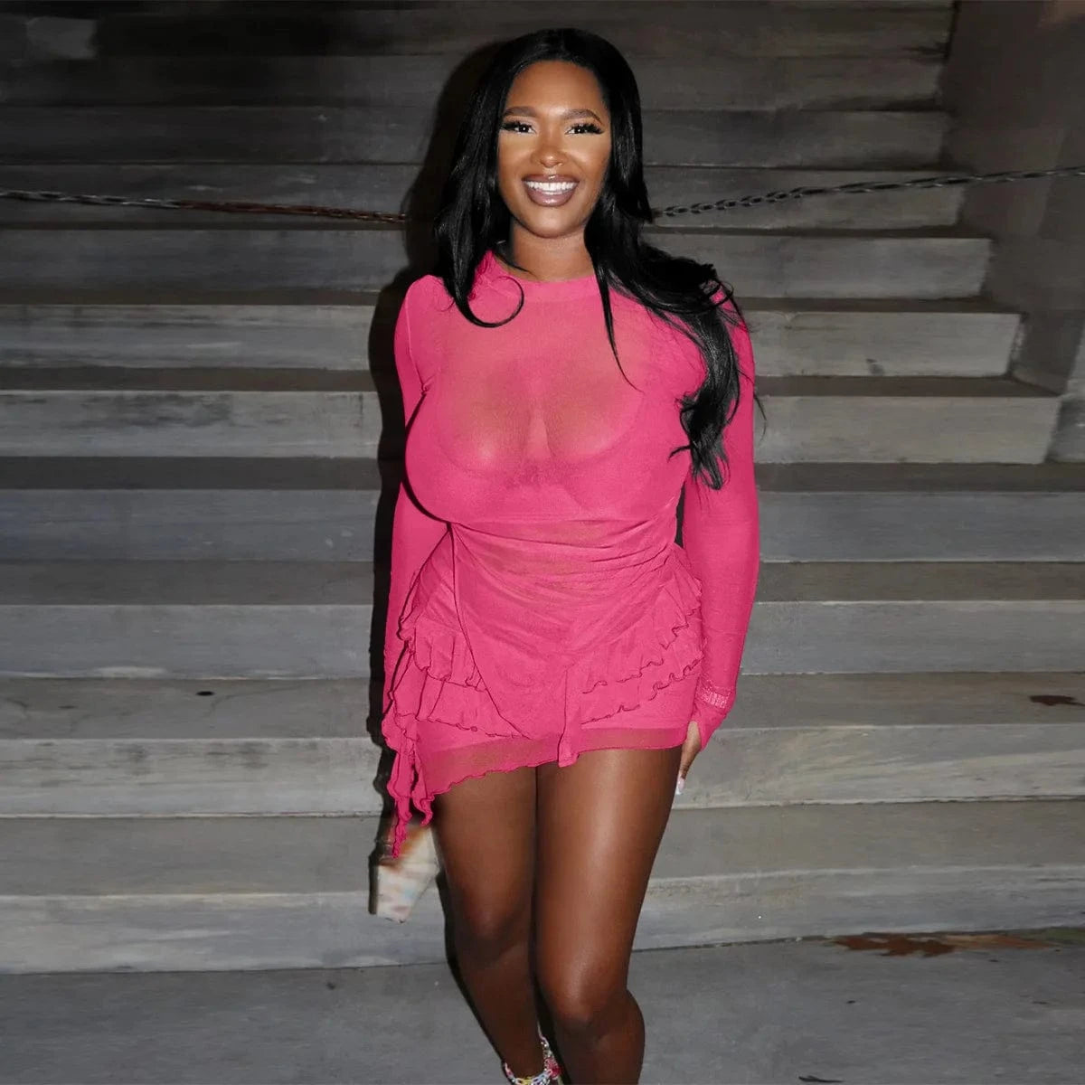 Sexy Mesh Ladies Two Piece Short Skirt Outfit Thumbhole Long Sleeve 2 Piece Ruffle Skirt And Top Set For Women