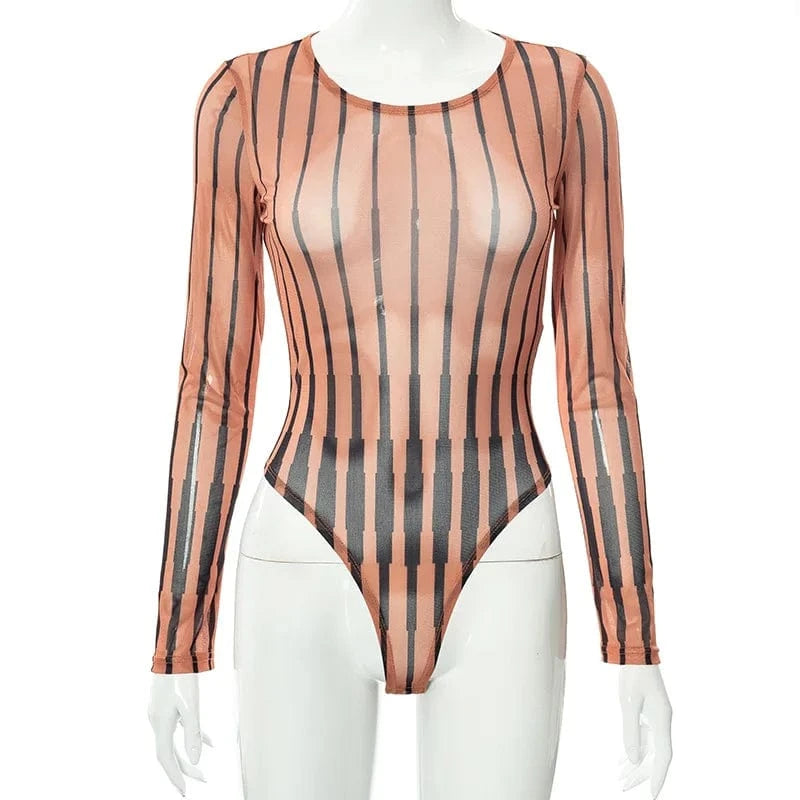 Sexy Mesh Lingerie Outfits Sheer Striped O Neck Bodysuit Leggings Brown Scrunch Butt Leggings Set