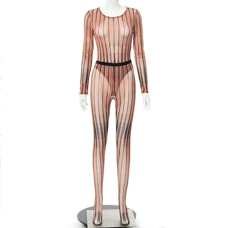 Sexy Mesh Lingerie Outfits Sheer Striped O Neck Bodysuit Leggings Brown Scrunch Butt Leggings Set