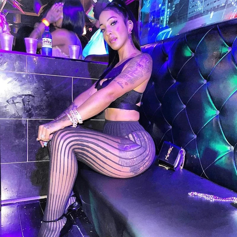 Sexy Mesh Lingerie Outfits Sheer Striped O Neck Bodysuit Leggings Brown Scrunch Butt Leggings Set