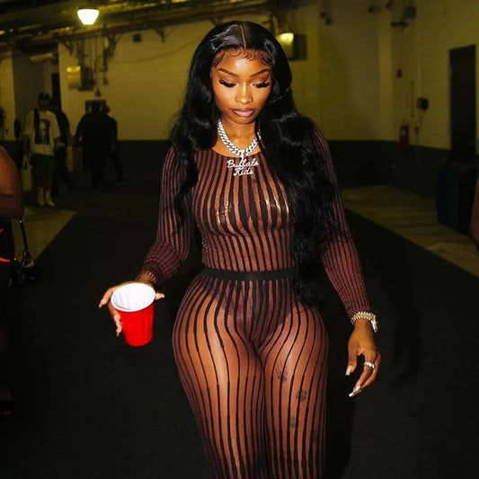 Sexy Mesh Lingerie Outfits Sheer Striped O Neck Bodysuit Leggings Brown Scrunch Butt Leggings Set