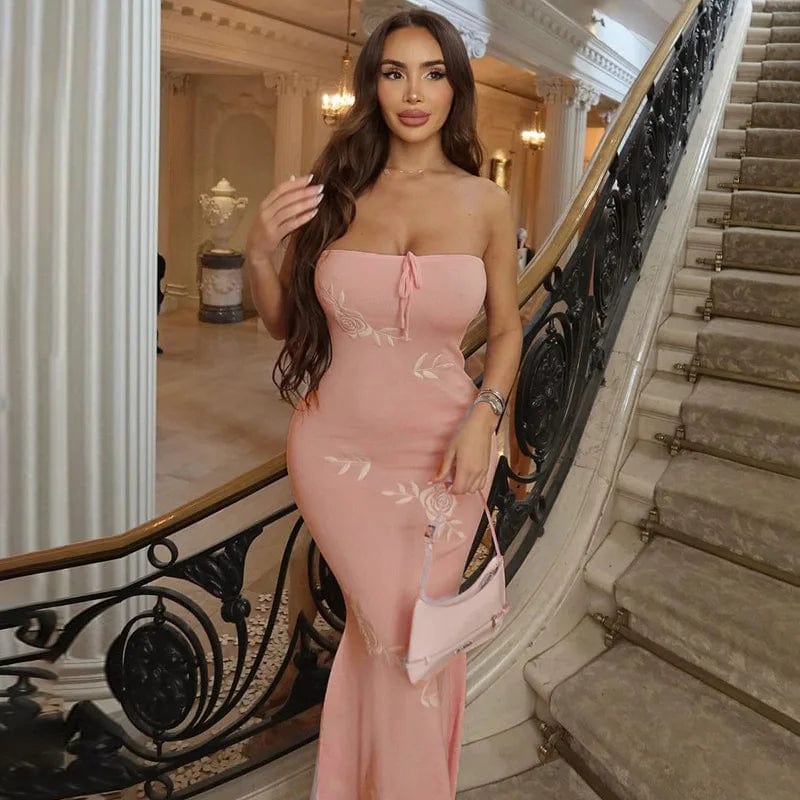 Sexy Off Shoulder Fashion Elegant Maxi Bodycon Women Dress 2024 Summer Pink Evening Holiday Party Night Club Dress Maxi
