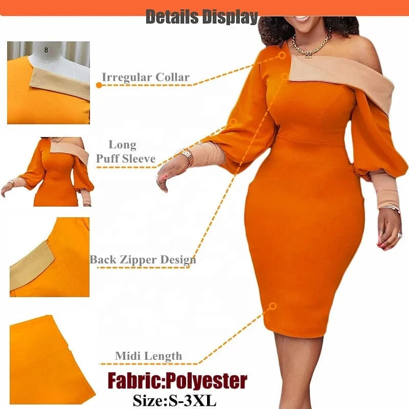 Sexy Off Shoulder Women Dress Long Lantern Sleeve Color Block Lady Elegant Midi Dresses