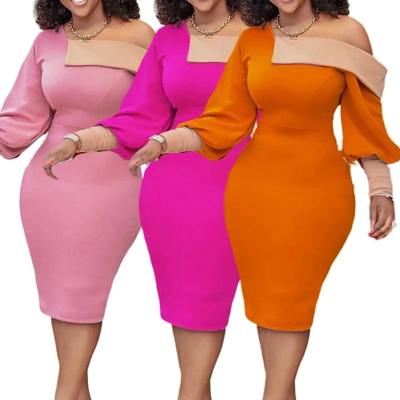 Sexy Off Shoulder Women Dress Long Lantern Sleeve Color Block Lady Elegant Midi Dresses