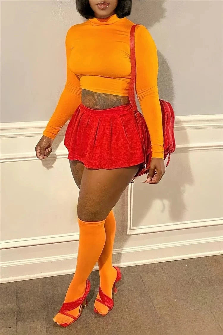 Sexy Outfit Solid Color Long Sleeve Cropped Top And Mini Pleated Skirt Matching Set Women Two Piece Set