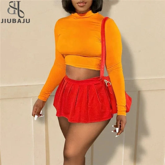 Sexy Outfit Solid Color Long Sleeve Cropped Top And Mini Pleated Skirt Matching Set Women Two Piece Set