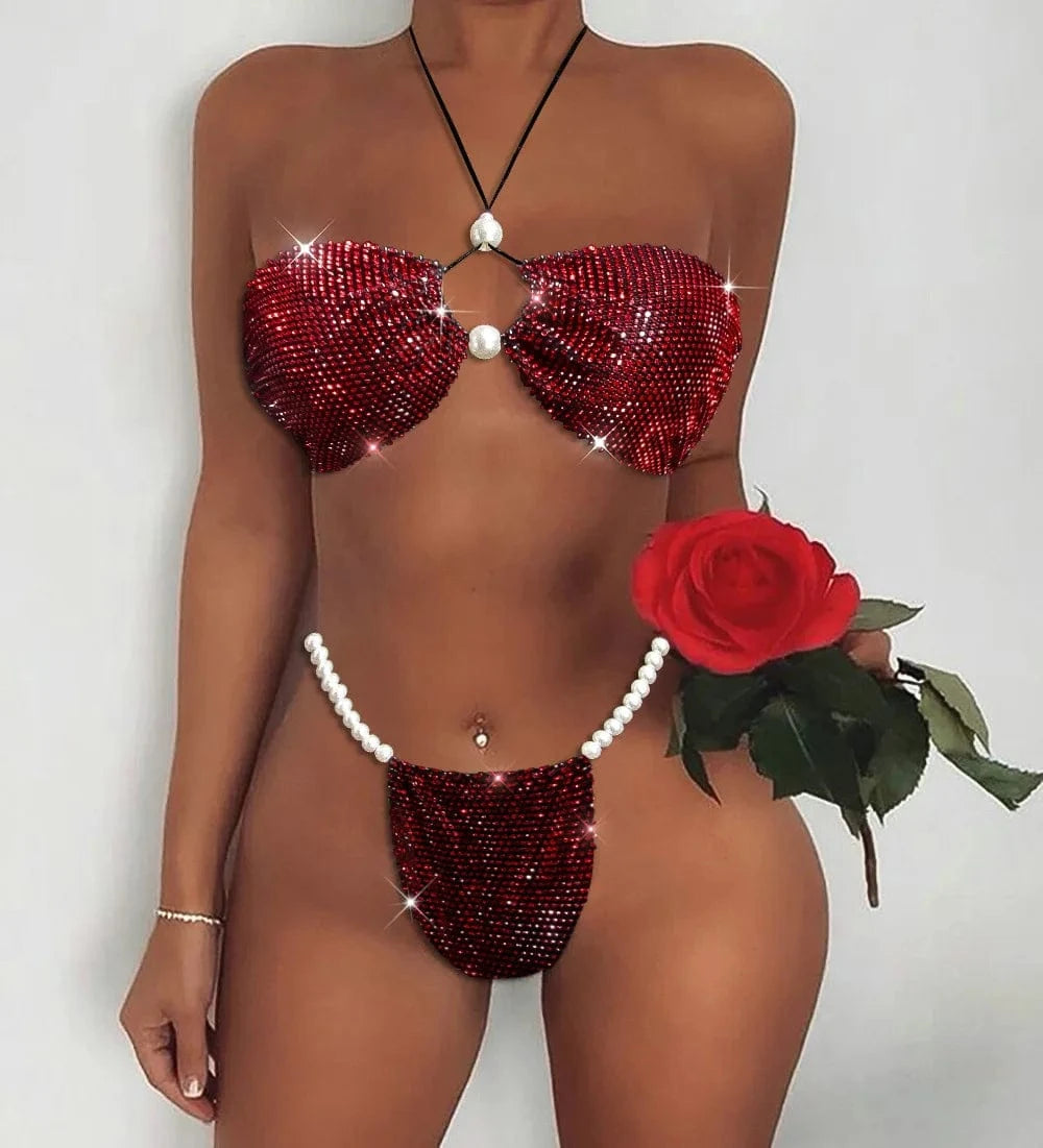 Sexy Particles Hot Diamonds Chest Triangle Rhinestones Pearl Bikini Sexy Babes Bikini Beachwear Women's Two-piece Bra Set