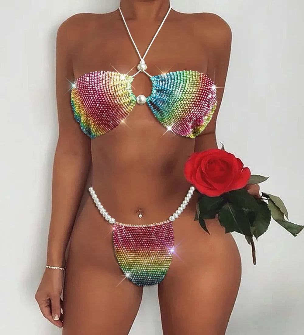 Sexy Particles Hot Diamonds Chest Triangle Rhinestones Pearl Bikini Sexy Babes Bikini Beachwear Women's Two-piece Bra Set