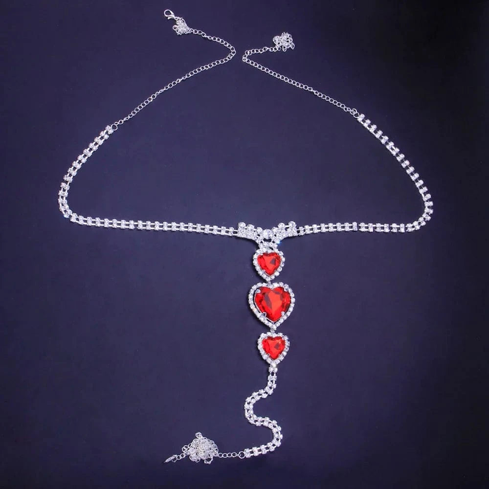 Sexy Red Panties Crystal Heart Thong for Women Waist Belly Chain Bikini Crystal Body Chain Jewelry