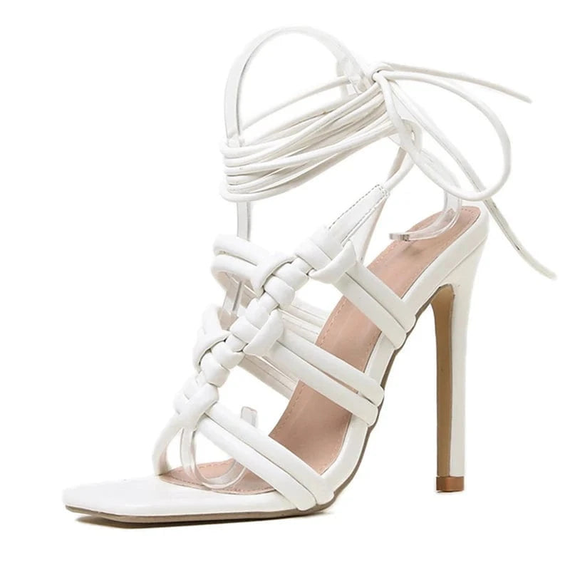 Sexy Rhinestone Hollow out Cross-tied 2023 Rome High Heels Sandals Gladiator Party Dress Pumps Shoes Black 35-42 Women Sandals