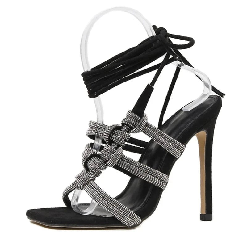 Sexy Rhinestone Hollow out Cross-tied 2023 Rome High Heels Sandals Gladiator Party Dress Pumps Shoes Black 35-42 Women Sandals