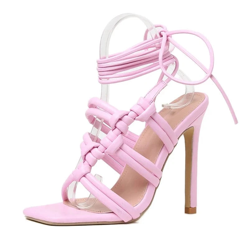 Sexy Rhinestone Hollow out Cross-tied 2023 Rome High Heels Sandals Gladiator Party Dress Pumps Shoes Black 35-42 Women Sandals