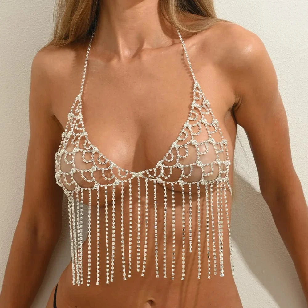 Sexy Rhinestone Shell Shaped Bra Chain Underwear New Crystal Mesh Chest Chain Harness Summer Bikini Beach Jewelry