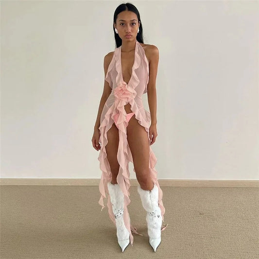 Sexy Ruffles Bodycon Backless See Through Night Sexy Dress Flower Long For Women Modest  Beach Wear