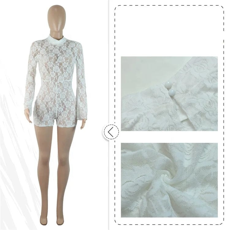 Sexy See Through Flower Lace Jumpsuits 2024 New Long Sleeve Women One-piece Romper for Party Night Club Bodycon Outfits
