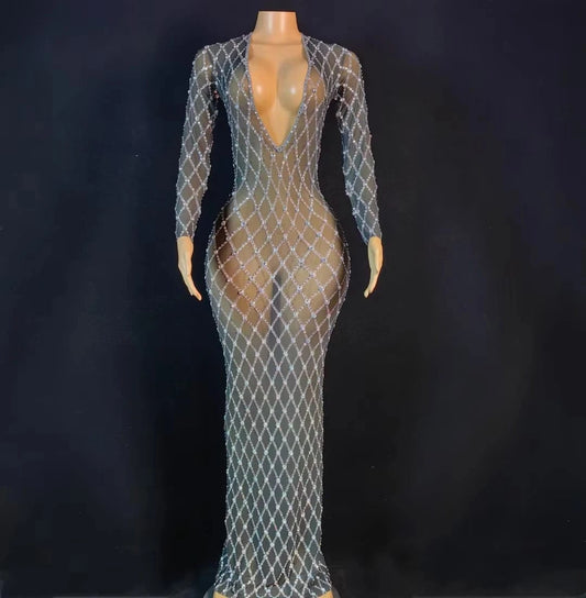 Sexy See Through Sequin Rhinestone Birthday Banquet Long Dress Dinner Gown Diamond Night Club Party Dress Women Evening Dress