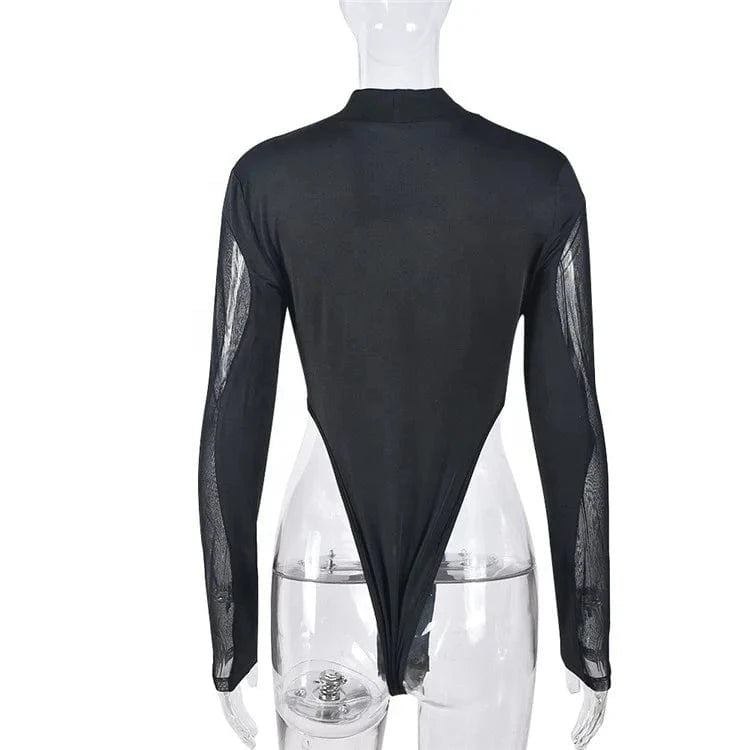 Sexy See Through Splice Bodysuit Stand Collar Long Sleeve Skinny Top 2024 Spring Spicy Girl Heart shaped Rompers