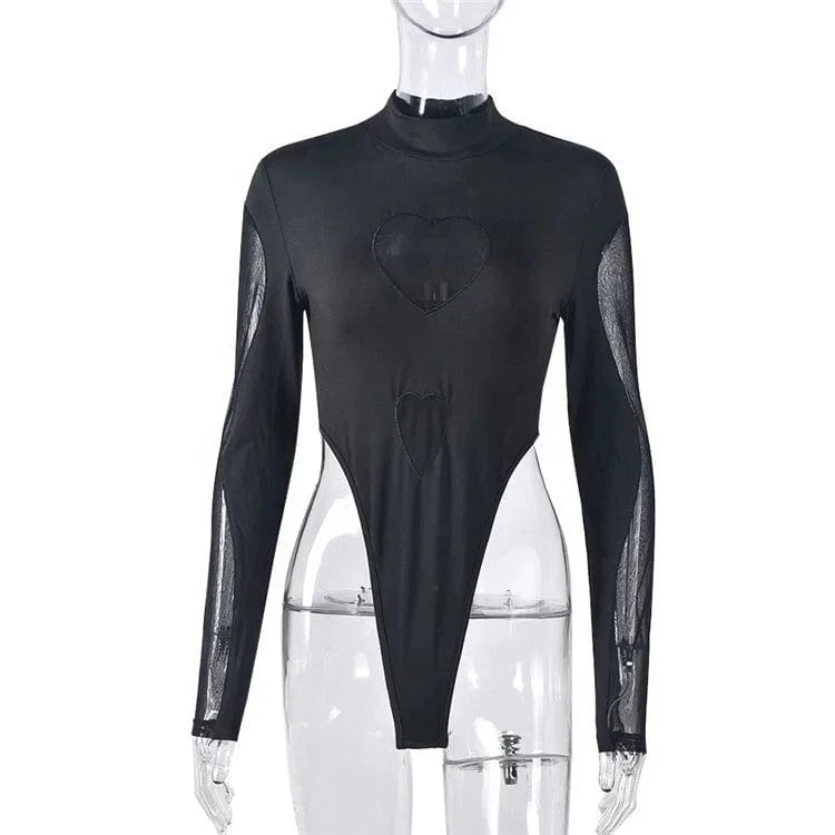 Sexy See Through Splice Bodysuit Stand Collar Long Sleeve Skinny Top 2024 Spring Spicy Girl Heart shaped Rompers