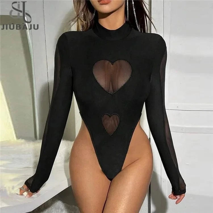 Sexy See Through Splice Bodysuit Stand Collar Long Sleeve Skinny Top 2024 Spring Spicy Girl Heart shaped Rompers