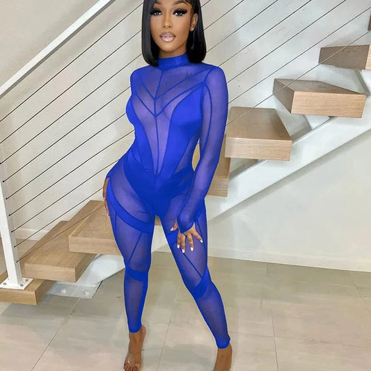 Sexy Sheer Mesh Jumpsuits Women Party Club Outfits Skinny Patchwork Long Sleeve See Through Rompers Womens Jumpsuit Midnight