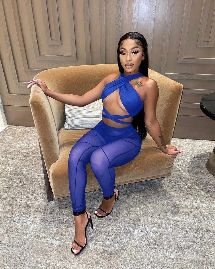 Sexy Sheer Mesh Two Piece Set Women Summer Tracksuit Solid Sleeveless Crop Tops Leggings Pants Outfit Party Club 2 Piece Sets