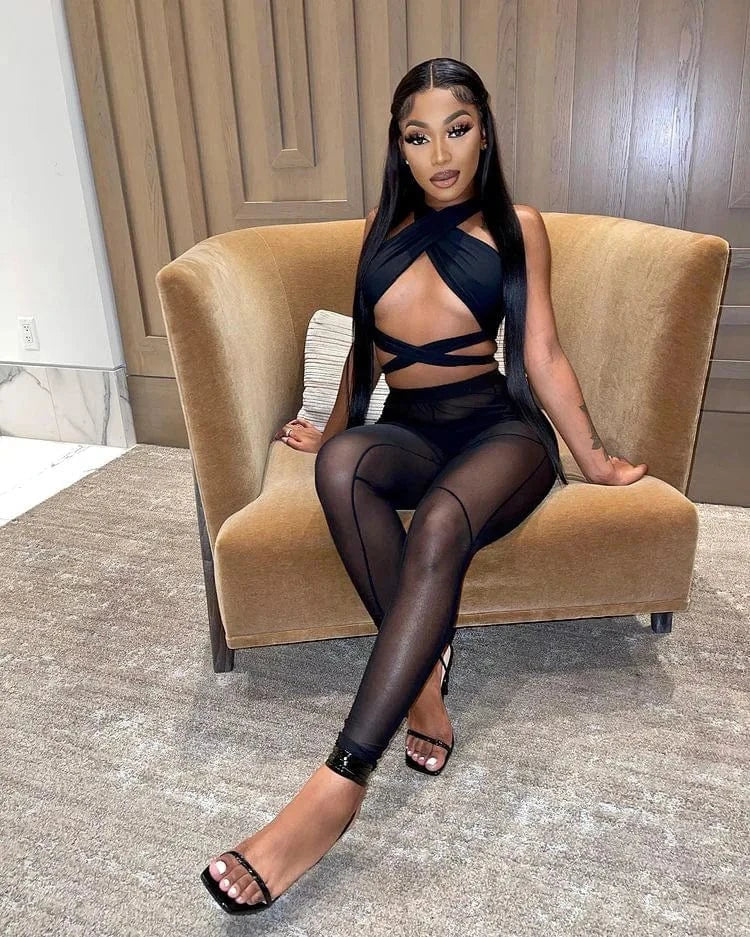 Sexy Sheer Mesh Two Piece Set Women Summer Tracksuit Solid Sleeveless Crop Tops Leggings Pants Outfit Party Club 2 Piece Sets
