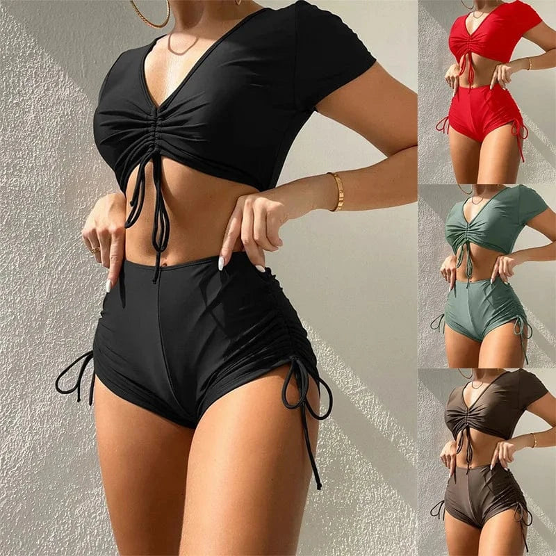 Sexy Short Sleeve Lace Up High Waist Bikini set Beach Swimwear Designer Bathing Suits With Coverup