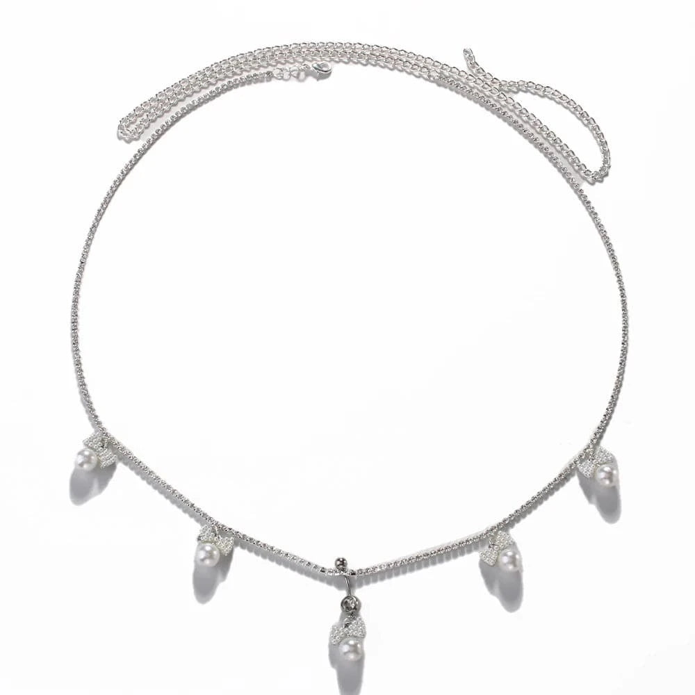 Sexy / silver Sexy Drop Bowknot White Pearl Rhinestone Pendant Waist Chain Jewelry For Women Girls Crystal Body Belly Chain Piercing Wholesale