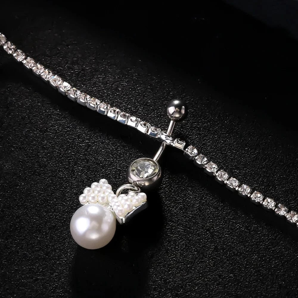 Sexy / silver Sexy Drop Bowknot White Pearl Rhinestone Pendant Waist Chain Jewelry For Women Girls Crystal Body Belly Chain Piercing Wholesale