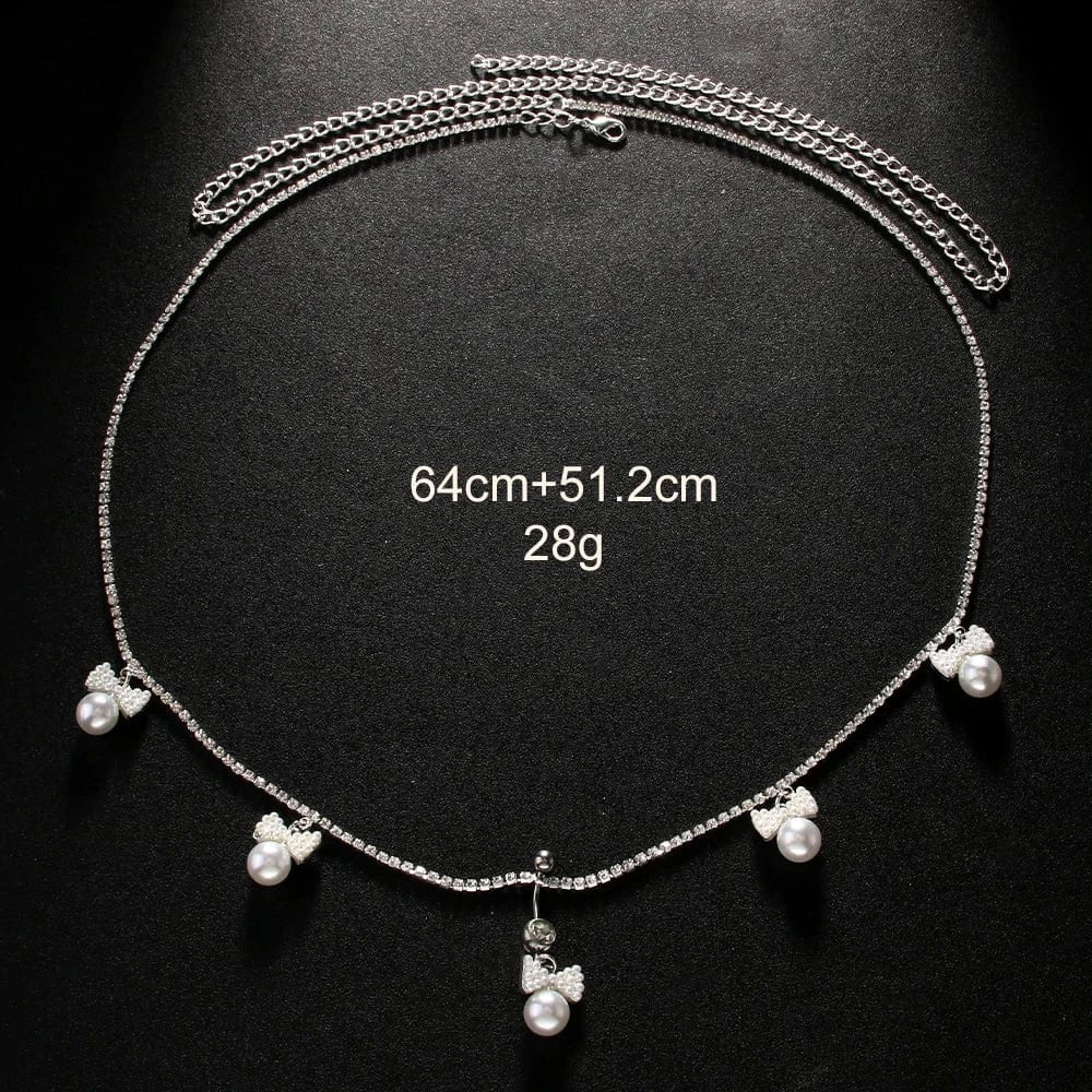 Sexy / silver Sexy Drop Bowknot White Pearl Rhinestone Pendant Waist Chain Jewelry For Women Girls Crystal Body Belly Chain Piercing Wholesale