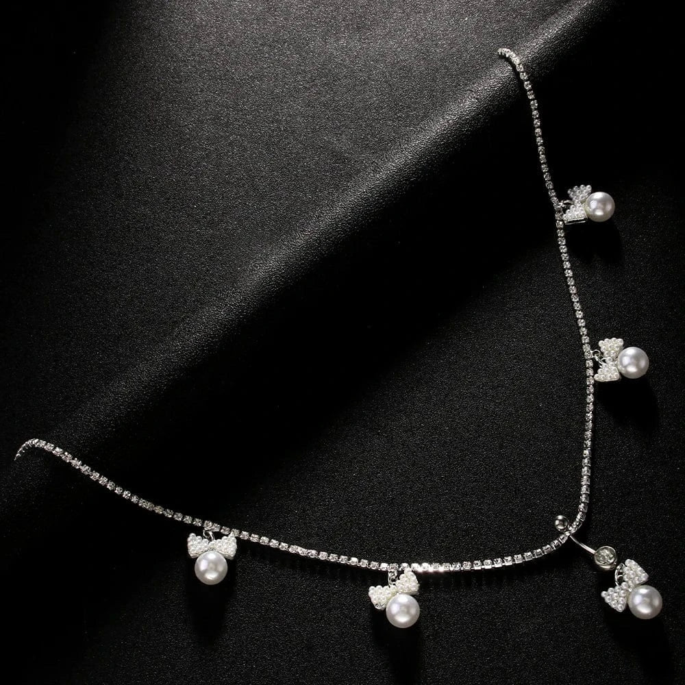 Sexy / silver Sexy Drop Bowknot White Pearl Rhinestone Pendant Waist Chain Jewelry For Women Girls Crystal Body Belly Chain Piercing Wholesale