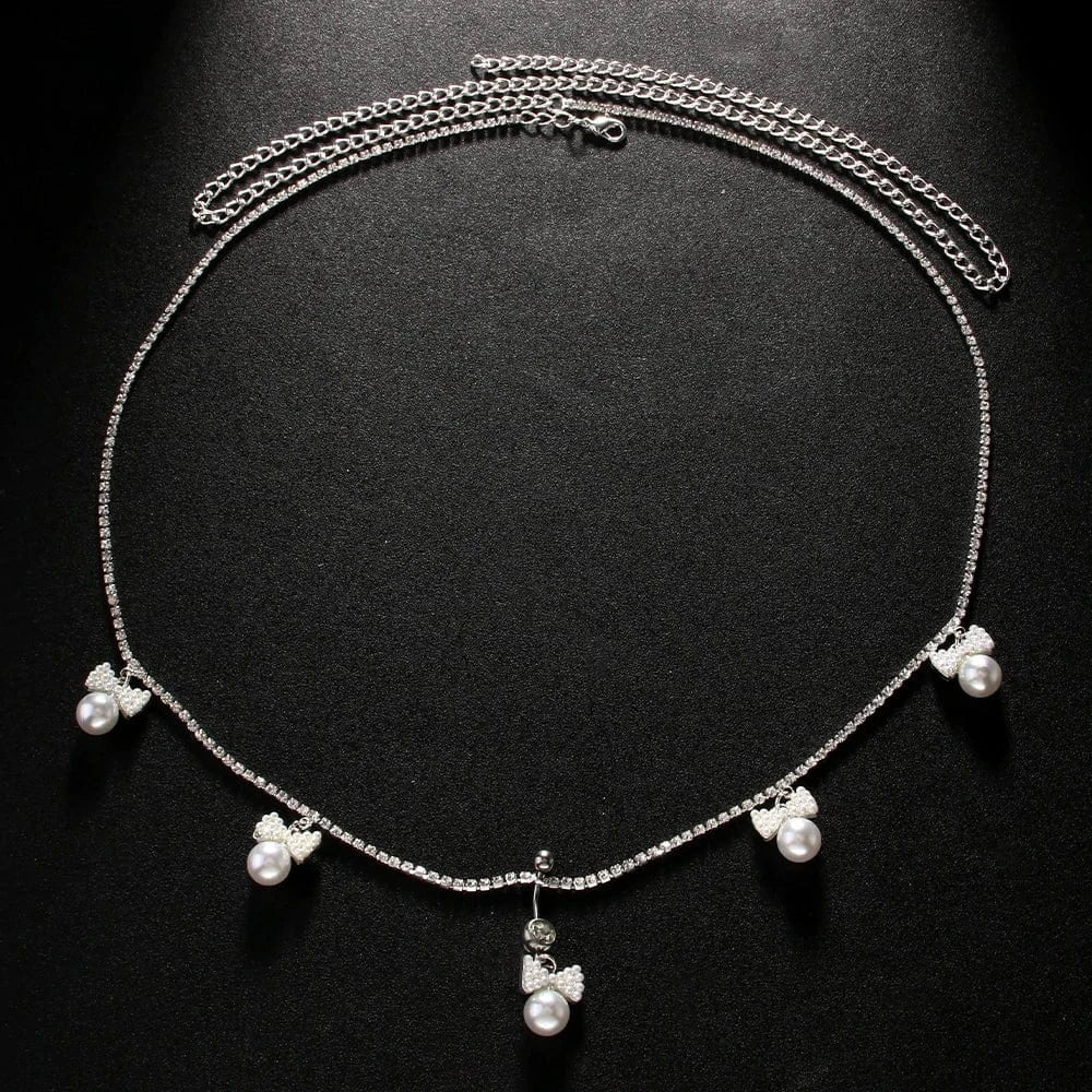 Sexy / silver Sexy Drop Bowknot White Pearl Rhinestone Pendant Waist Chain Jewelry For Women Girls Crystal Body Belly Chain Piercing Wholesale