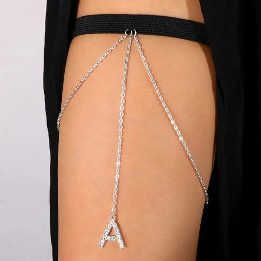 sexy / silver Sexy Letter A Rhinestone Leg Chain for Women Fashion Crystal Alphabet Elastic Thigh Chain Body Jewelry Wholesale