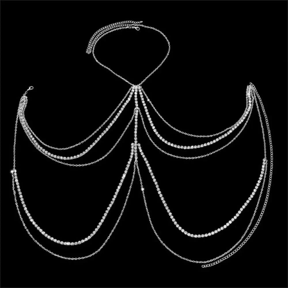 Sexy / silver Simple Layered Full Rhinestone Necklace Bra Chain Shiny Thin Chain Underwear Chest Body Jewelry Chain For Women Girl Gift