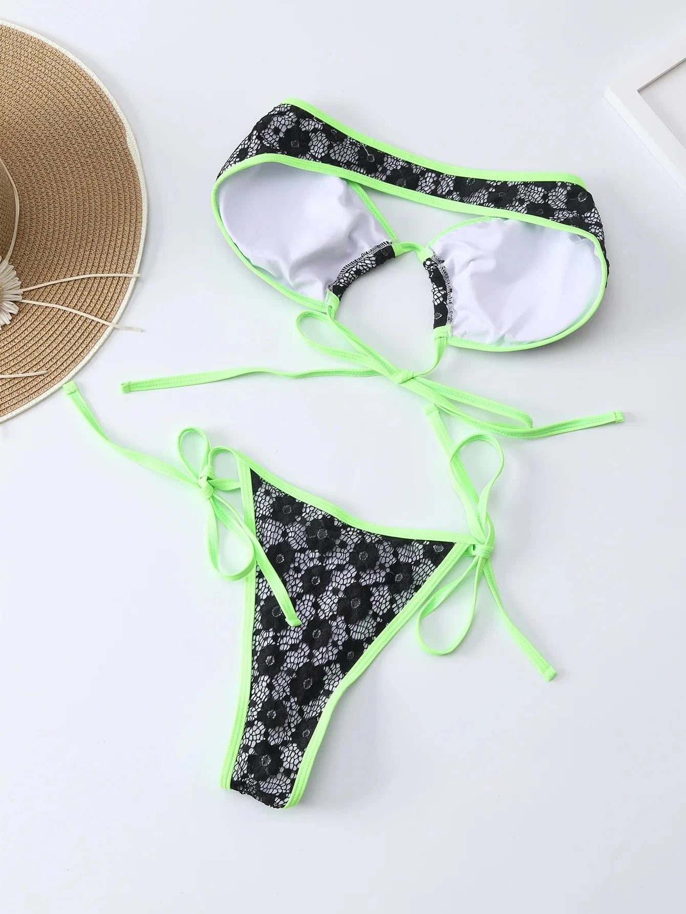 Sexy Snake Skin Two Piece Bikini 2024 Mesh Neon Green Black Patchwork Micro Swimsuit Halter Cross Push Up Beach Bathing Suit