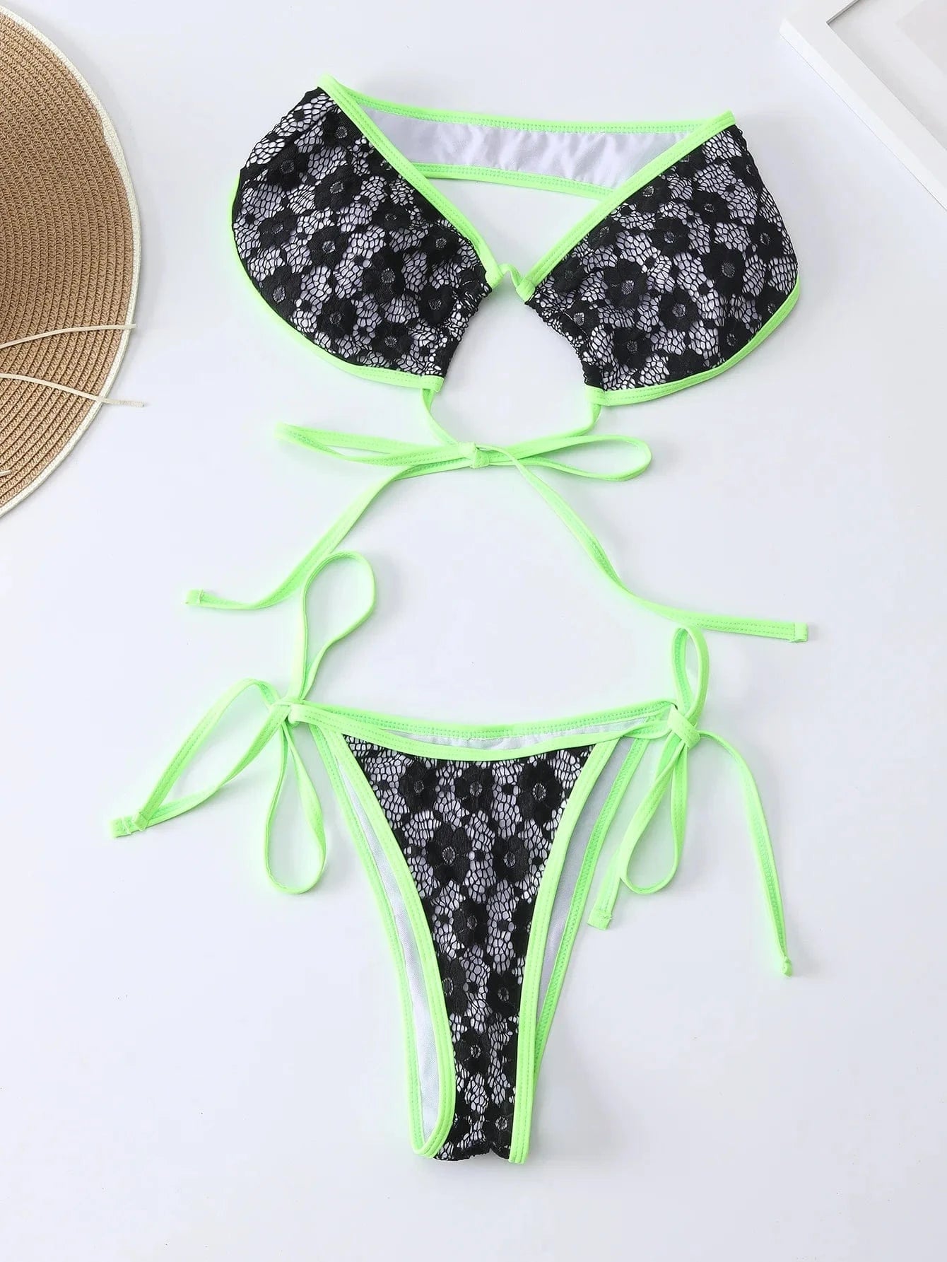 Sexy Snake Skin Two Piece Bikini 2024 Mesh Neon Green Black Patchwork Micro Swimsuit Halter Cross Push Up Beach Bathing Suit